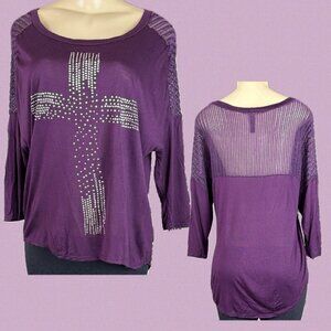 Estam L Purple Studded Cross Crew Neck Step-Hem Open Weave Back 3/4 Sleeve Top